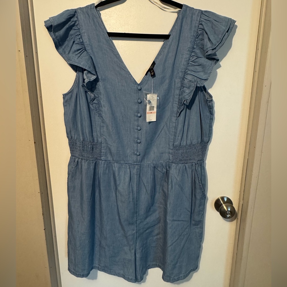 Jessica Simpson Sleeveless Chambray Romper with Ruffle Shoulders - NWT